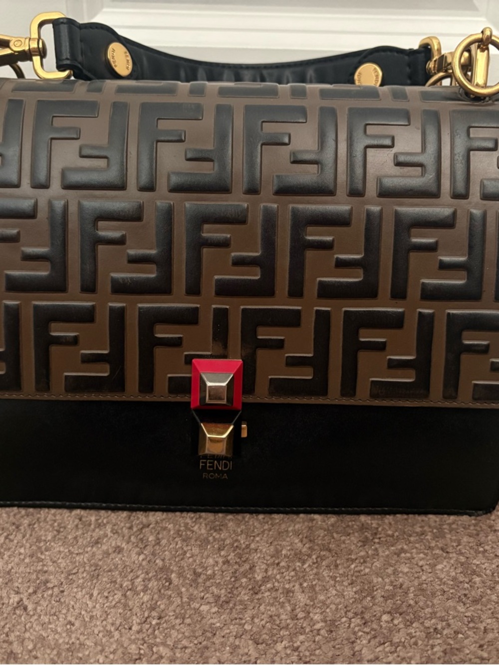 Fendi Black & Brown Embossed FF Leather Messenger Bag with Red Accent